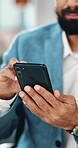 Hands, man and scroll with phone in office for CRM system, review client portfolio or finance news. Financial advisor, employee and smartphone for stock market trends, budget report and reading email