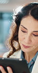Tablet, pen and businesswoman in office with research for finance report with company budget. Digital technology, communication and female financial manager with email for investment proposal.