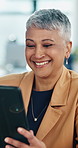 Reading, woman and laugh with tablet in office for comic story angle, draft approval and editing. Editor, mature person and happy with tech at media agency for funny article, proofreading or feedback