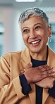 Office, applause and mature woman with success for promotion, reward and praise for achievement. Clapping, team and employee with gratitude for career recognition, thank you or celebration with flare
