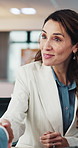 Business, happy woman and handshake in office for hiring, hr or recruitment deal with offer. Mature recruiter, smile or shaking hands at work for onboarding, talk or person with partnership agreement