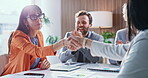 Business, people and meeting with handshake in office for agreement, celebration and finance deal. Women, shaking hands and team with applause for partnership, achievement and financial negotiation