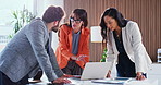 Business, team and meeting with laptop in office for financial review, monthly feedback or update. Finance manager, people or tech with discussion for company performance, goal setting or action plan