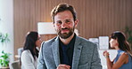 Face, man and tablet in office with journalist, meeting and opportunity or ambition. Confident, reporter and person with smile for career development, digital media and laugh in coworking newsroom