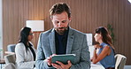 Tablet, reading and businessman in office or creative agency with editing for manuscript. Person, manager or editor with internet, tech and proposal feedback with proofreading or app for grammar