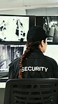 Surveillance, security and woman with computer in control room, video camera footage and observation. Vigilant, monitor screen and safety patrol officer with tech for crime prevention, watch and back