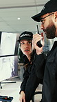 Security, team and people with radio in control room, discussion or surveillance report with camera. Video, observation and colleagues with tech for protection service, collaboration or communication