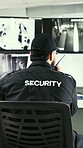 Man, security and agent with radio for surveillance or protection service in control room. Male person, body guard or neighborhood watch talking with signal for tactical response or safety protocol
