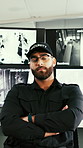 Man, face and security agent with confidence for surveillance or protection service in control room. Portrait, male person or professional body guard with arms crossed for tactical response or safety