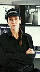 Face, monitor and woman in security room, arms crossed and surveillance system for protection. Safety service, mature person and operator in workplace, serious or confidence for camera footage