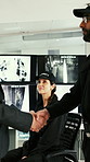 Handshake, monitor and supervisor with security team for meeting, feedback and surveillance report. Office, computer and people shaking hands for agreement, protection and partnership in control room
