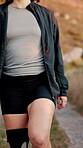 Woman, fitness and prosthetic leg for hiking with exercise, workout and health with walk. Prosthesis, nature and person with a disability outdoor for adventure, hobby and rehabilitation on mountain