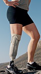 Woman, fitness and prosthetic leg for hiking with exercise, workout and health with walk. Athlete, nature and person with a disability outdoor for adventure, hobby and rehabilitation on mountain