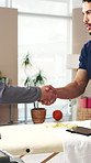 Clinic, physiotherapist and handshake with woman for consultation, welcome and discussion for health. Greeting, client and person with disability in office, talk or shaking hands for physical therapy