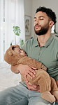 Sleeping, father and baby in bedroom, fatigue and tired with cuddle, relax and bonding together. Comfort, family and parent in home, wellness and exhausted with love, dad and infant care with nap