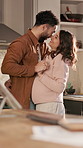 Dance, couple and pregnant woman with love in kitchen together, bonding or affection for connection. Security, maternity support or happy people with care for healthy relationship, home or admiration