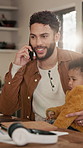 Phone call, baby and father in home, smile and freelancer with multitasking, deadline and infant care. Copywriting, dad and happy man in lounge, child and cellphone for communication and remote work