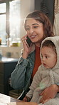 Phone call, baby and mother in home, smile and freelancer with multitasking, contact and infant care. Copywriting, mama or happy woman in lounge, child and cellphone for communication and remote work