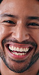 Face, man and laughing with funny joke, positive attitude or reaction to good news for weekend break. Confident, Asian person and closeup with comedy, wellness and satisfaction for happy personality.