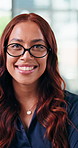 Confidence, face or woman in office with glasses, pride or job goals as investment advisor. Portrait, ambition or financial consultant with specs, career growth or experience in risk management.