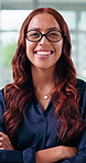 Glasses, face or woman in office with arms crossed, pride or job goals as investment advisor. Laugh, confidence or financial consultant with specs, career growth or experience in risk management.