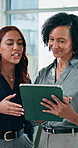 Business, tablet and women in office for planning policy, advice or training with mentor. Discussion, tech or happy consultant with team in company for insurance review, help or coaching intern