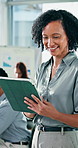 Woman, tablet and typing at office meeting with smile with report, agenda and glasses at insurance company. Person, tech and admin with checklist, application and review for risk management at agency