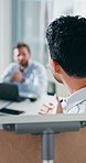 Man, presentation and board at office meeting with team with notes, discussion and review at insurance company. Person, speaker and talk with problem solving with project risk management at agency