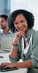 Face, confident and woman with laptop in meeting, stock market research or asset management career. Portrait, pc or happy trader with pride for investment opportunity, laugh or professional in office
