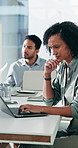 Meeting, investor and woman in office, laptop and research for economy info, investment deal and internet. Person, broker and financial advisor in workplace, computer and email for trading portfolio