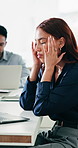 Headache, specs or woman in agency with laptop, frustration or update mistake in task management. Migraine tension, meeting or employee with glasses, discomfort or overwhelmed with deadline crisis.