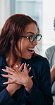 Woman, team and celebration with applause at office for motivation, promotion or happy at insurance company. People, group and success with support, achievement or goals at risk management agency