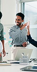 People, team and celebration with high five at office for motivation, collaboration or happy at insurance company. Staff, group and success with laptop, achievement or goal at risk management agency