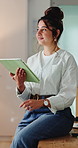 Thinking, woman and tablet at ecommerce startup for supply chain, confirm order and shipping. Thoughts, entrepreneur or solution with digital for stock checklist, online inventory and delivery agenda