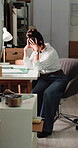 Ecommerce, frustrated and woman with stress in office, shipment delay or low stock for dropshipping. Upset, supply chain or person with inventory crisis for startup, order mistake or product shortage