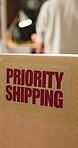 Office, box and priority shipping label for logistics, package distribution and rush order delivery. Freight, supply chain and parcel with express sticker to streamline transport, startup and people