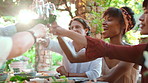 Lodge, friends and cheers with wine at lunch for holiday party, reunion celebration and bonding. Food, people and drinks toast outdoor at villa for social gathering, vacation flare or group gratitude