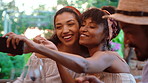 Hug, selfie and smile with friends at outdoor restaurant together for memories or social event. Love, photograph and reunion with happy women at venue for bonding, hangout or profile picture