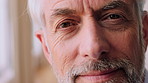 Home, happy and face of senior man by window for calm, satisfaction and peaceful morning. Retirement, closeup and portrait of mature person in house for thinking, nostalgia and memory on weekend