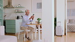 Man, typing and relax in hotel with phone, social media post and website booking for vacation getaway. Mature person, scroll and browse in accommodation with tech, mobile app or research for holiday.