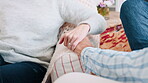 Support, holding hands or senior couple on couch with care, comfort or bonding for retirement connection.  Love, compassion and elderly people together in nursing home, trust and security in marriage
