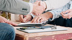 Sign, buyers and real estate agent with agreement handshake for property sale, transfer or success. People, realtor and shaking hands with clients for bond application, house approval and investment