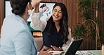 Business, women or high five with tablet in meeting for pitch success, funding approval or good news. Applause, tech and happy team with celebration in office for annual report, proposal and feedback