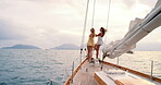 Travel, sailing and cruise with friends on yacht for freedom, seaside adventure and weekend getaway. Summer vacation, excited and tropical journey with women on boat outdoor for luxury holiday