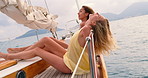 Friends, happy and women on yacht in ocean for vacation, tropical adventure and tourist destination. Travel, nature and people relax on boat for cruise, journey and explore islands on summer holiday