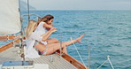 Excited, friends and travel with women on boat together for adventure, holiday or sea vacation. Bonding, playful and relax with happy people on luxury yacht for getaway, journey or ocean trip