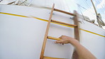 Person, hands and ship with ladder for boarding dock, travel or ocean trip in sea water. Sailor, traveler or boat with step on yacht for underwater swim, holiday vacation or weekend getaway in nature