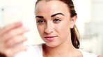 Selfie, smile or woman in house with chat, digital memory or conversation on dating site. Happy, post or person in home with moment capture, online text or profile update on matchmaking platform.
