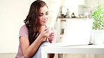 Video call, wave or woman in home with laptop, online chat or greeting on dating site. Happy, hello or person in house with tech, digital conversation or connection on matchmaking platform.
