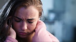 Phone call, sad and listening with woman in home for breakup, communication and blocked message. Frustrated, grief and cyber bully voice voicemail with person with depression in apartment for worry